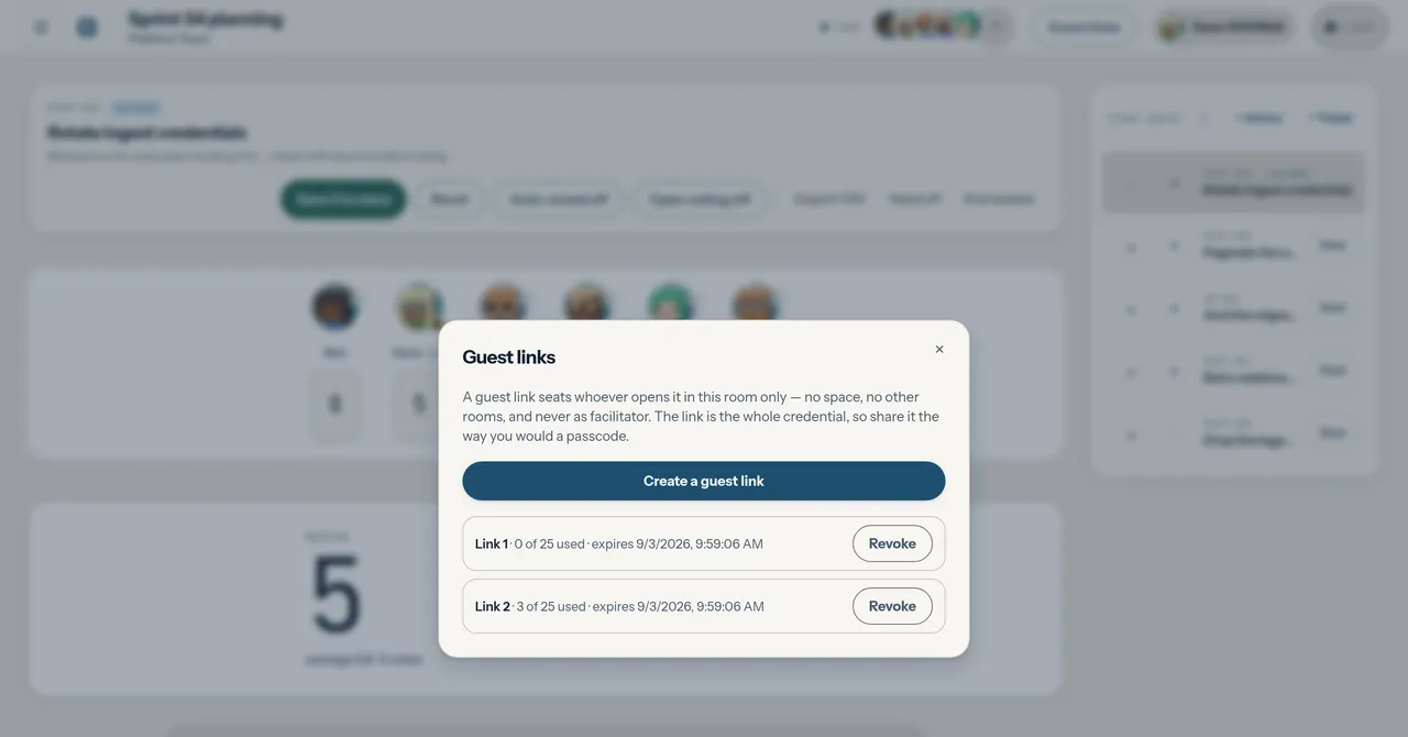 A Guest links dialog over a poker room, with a Create a guest link button and two live links showing 0 of 25 and 3 of 25 redemptions used, each with a Revoke button.
