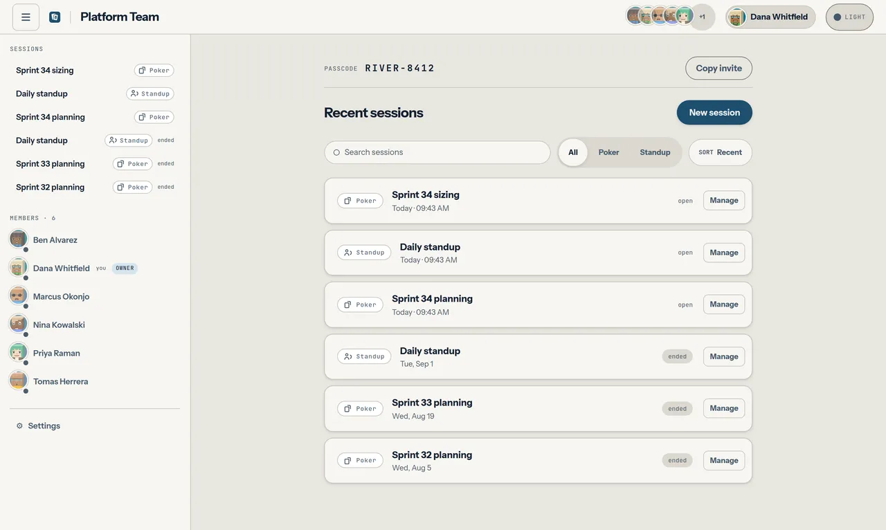 A space page for Platform Team: a sidebar of sessions and six members with presence dots, recent sessions in the middle, and a panel showing the passcode RIVER-8412 with Copy invite, Copy passcode, New passcode and Make open buttons.